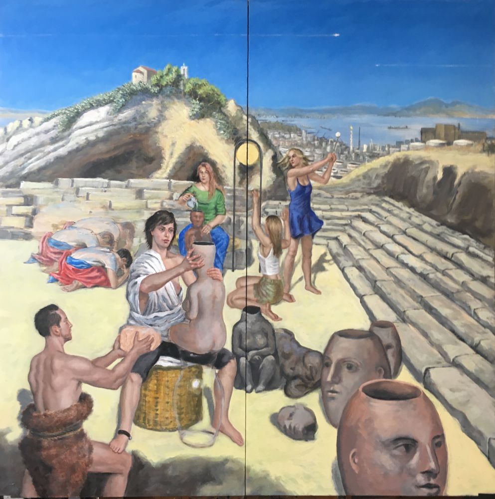 Tag, geschlossen, 2019, mixed Media auf Holz, 140 x 140 cm